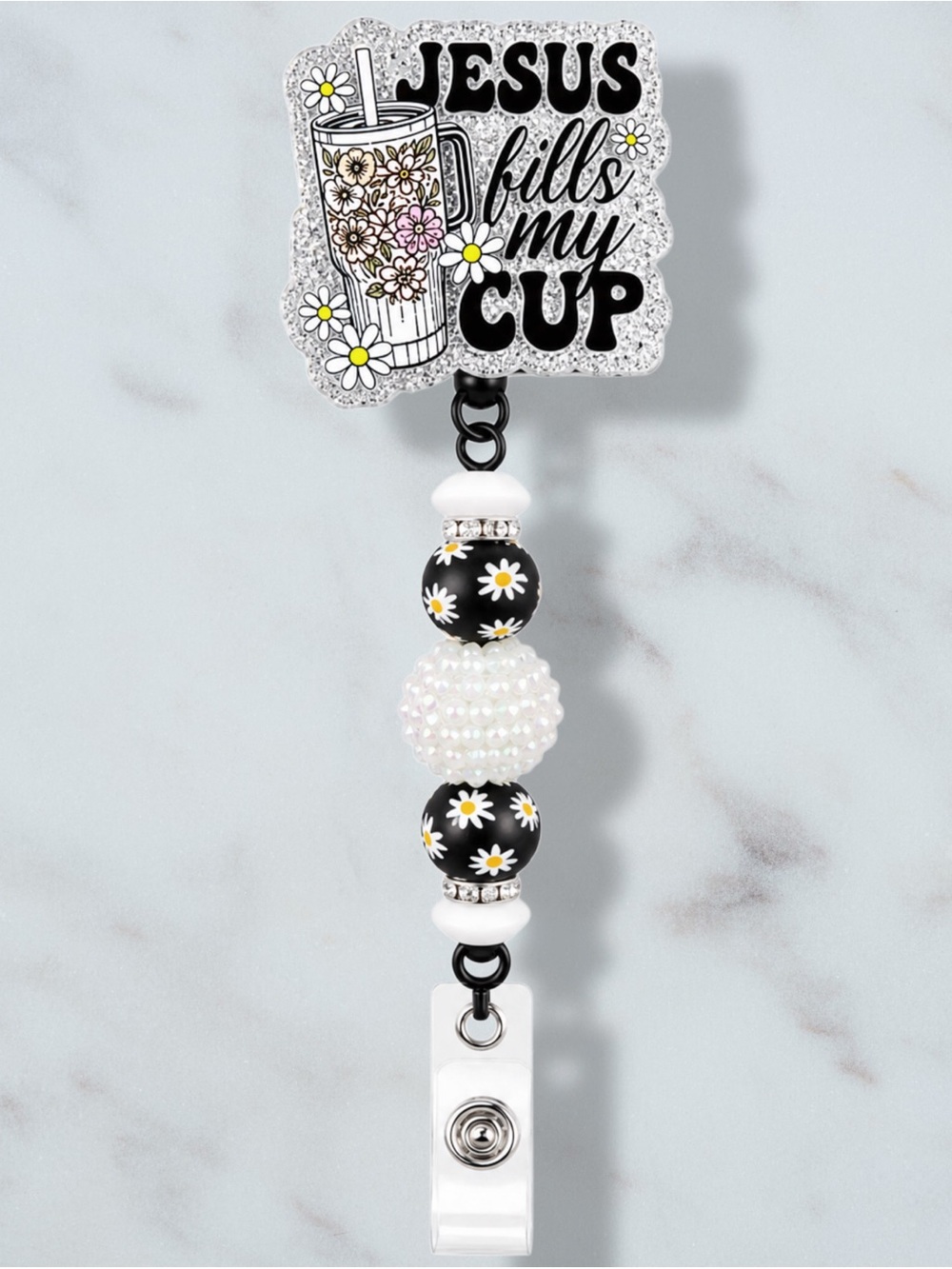Jesus Fills My Cup Floral Beaded Badge Reel